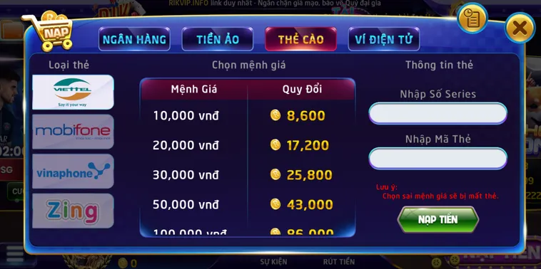 Nạp tiền qua thẻ cào an toàn tiện lợi nhanh chóng tại Rikvip.